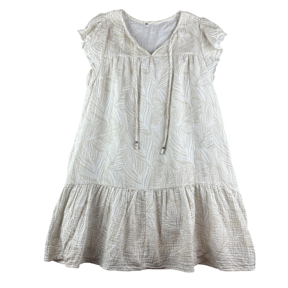 Tropical Babydoll Dress Taupe White Ruffle Size Medium - Picture 2 of 9